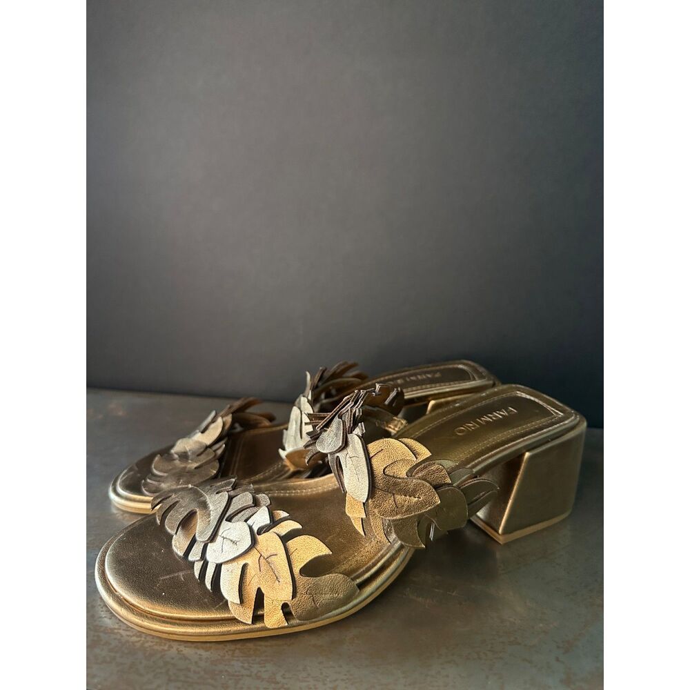 Farm Rio Slide Sandals 9 Vacation Dressy Trip Festival Resort Metallic Gold Leaf - Picture 4 of 10